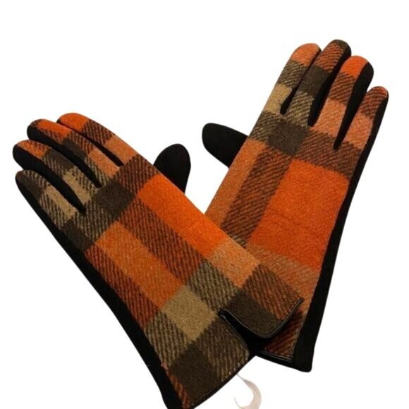 2/$30 Plaid Touchscreen Winter Gloves One Size Soft & Warm Orange/Brown - Picture 3 of 8